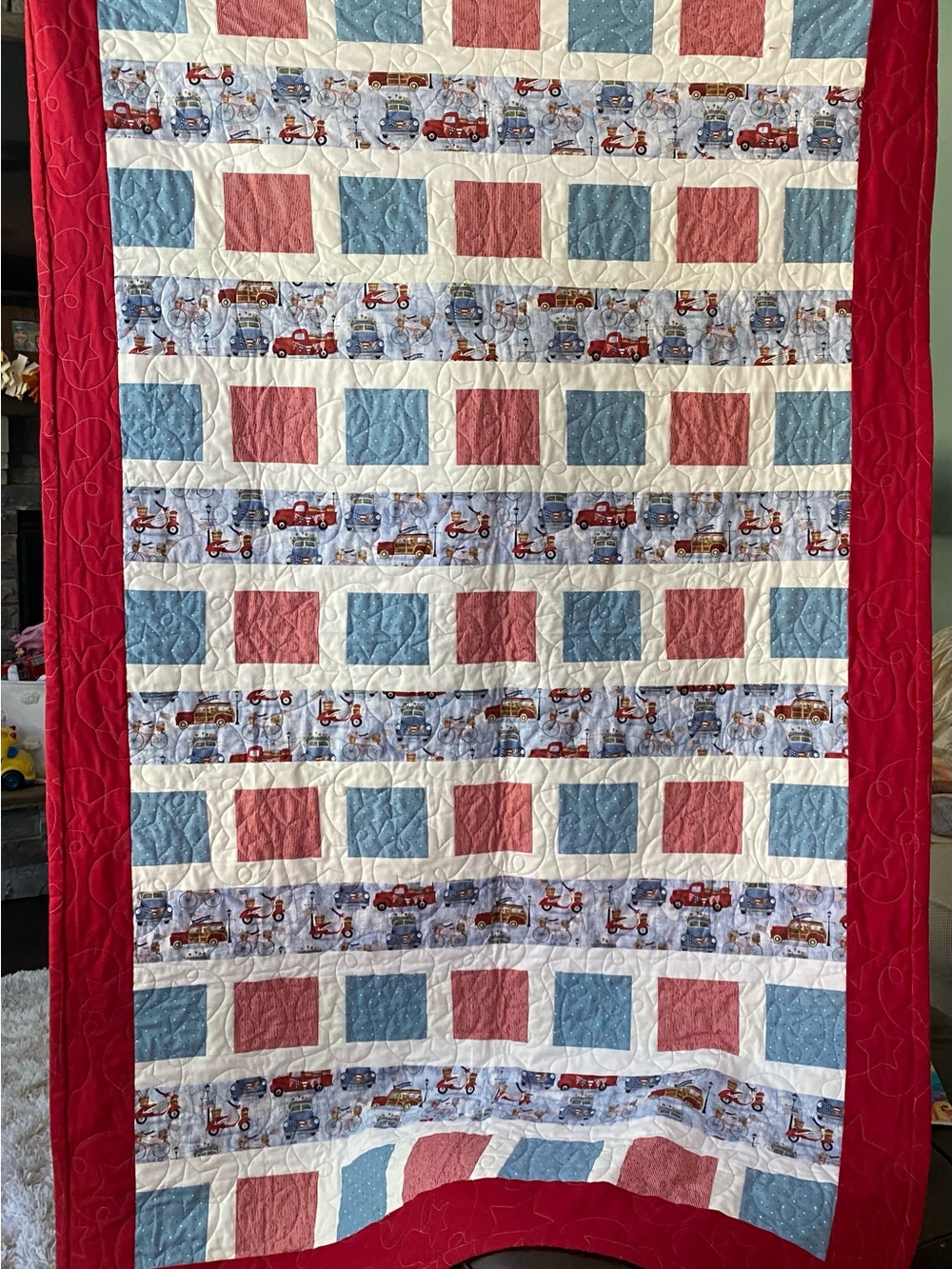 Handcrafted Red, Blue & White Patchwork Quilt